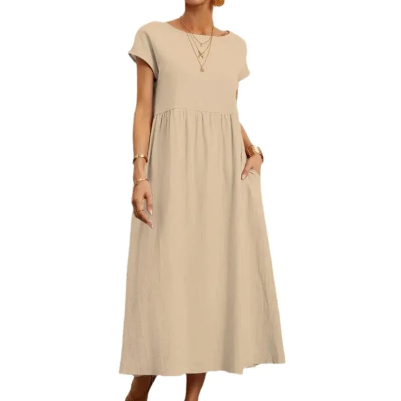 Women Vintage Solid Dress 2025 Summer Elegant O Neck Short Sleeve Cotton Linen Dresses Female Casual Loose Sundress Long Dress