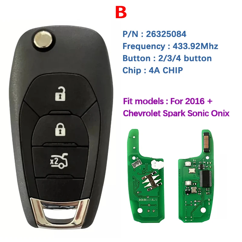 

Сменный 2/3/4 кнопочный флип-ключ CN014100 для tritrax Sonic Spark 2015 + 433,92 МГц FSK 4A Chip P/N Номер 26325084