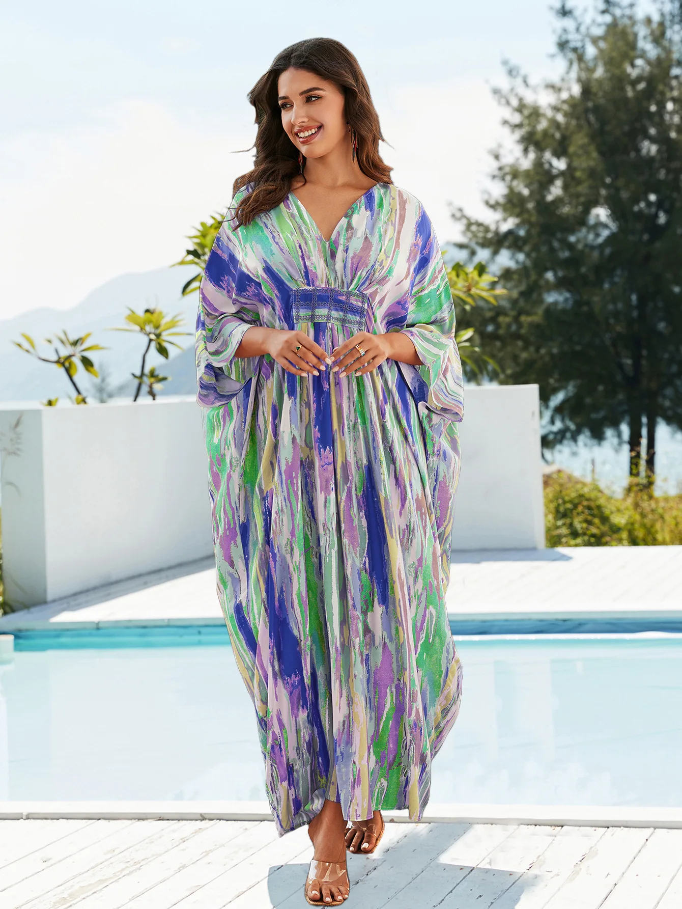 Túnica sexy feminina com decote em v, manga Batwing, kaftan extragrande, moda praia, maiô para cobrir, túnica aconchegante de férias, verão, 2024