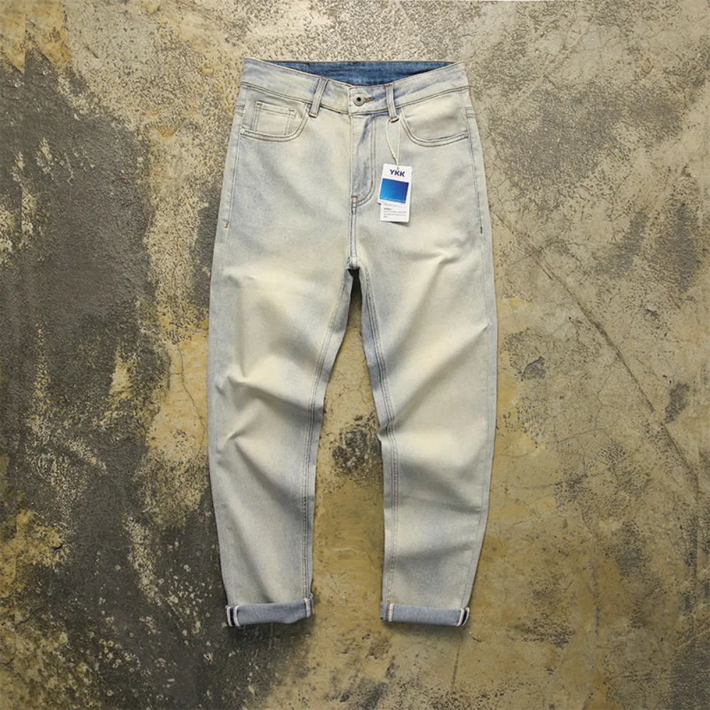 

Cement yellow micro-stretch slim retro jeans for men's Korean style small feet