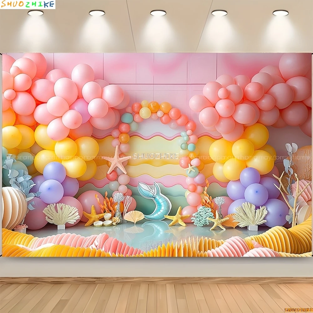 Fondali fotografia sirena spiaggia scena stella marina decorazioni di buon compleanno palloncini corona festa studio fotografico sfondo DF-02