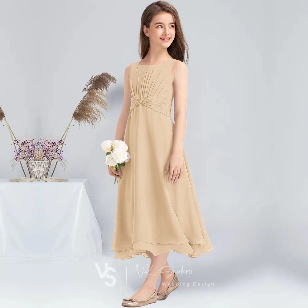 UYI Kids A-line Square Tea-Length Chiffon Junior Bridesmaid Dress With Bow Blue Flower Girl Dress Bridesmaid Little Girl Dress