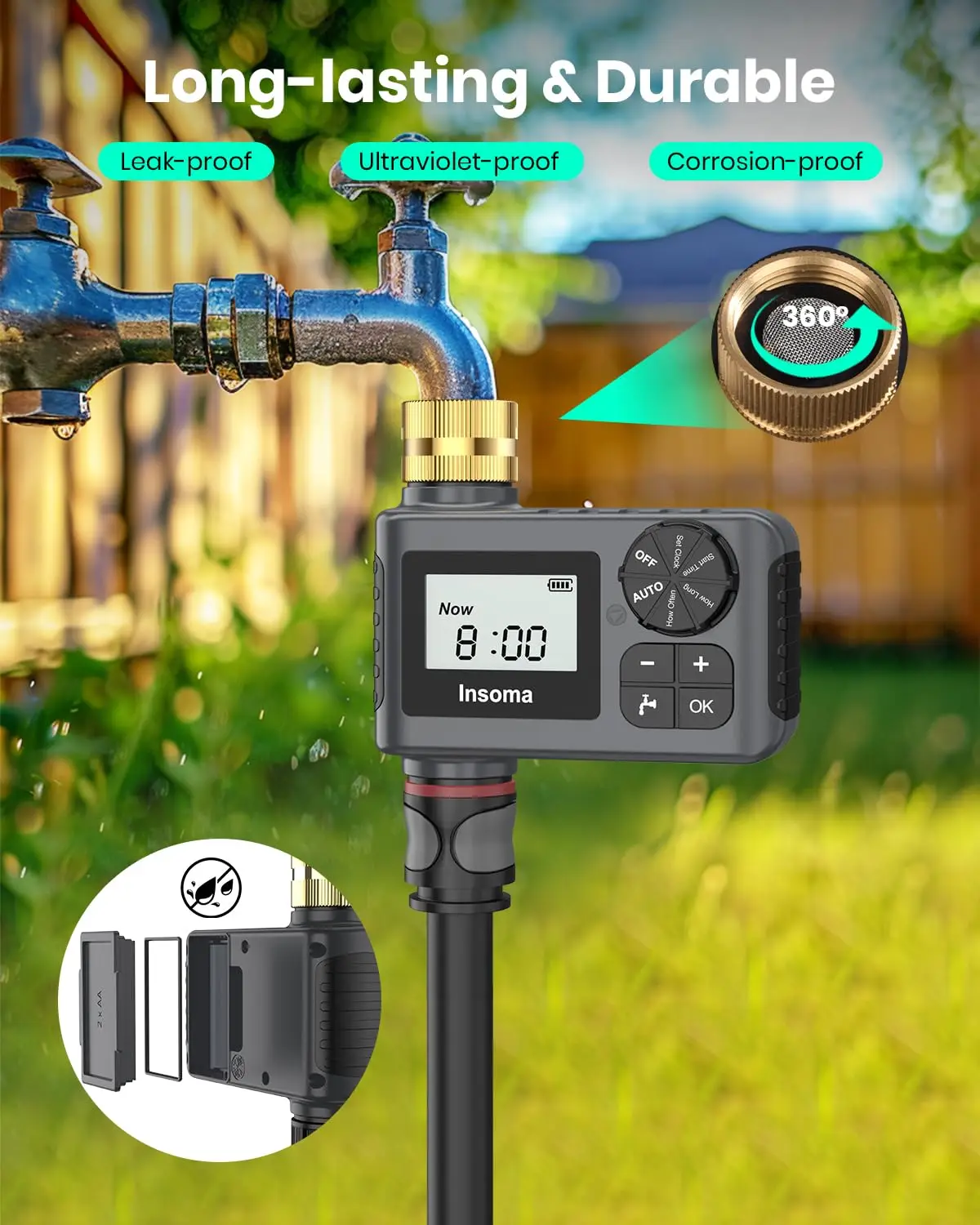 INSOMA Automatic Watering System Smart Garden Irrigation Water Timer with Brass Swivel for Hose Fuacet Outdoor Garden IPX5