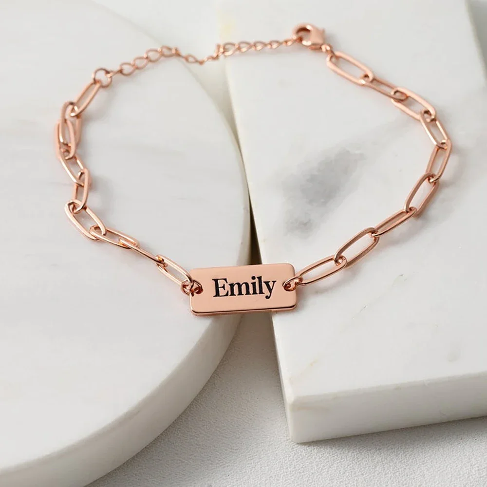 Custom Square Name Bracelet for Men New Personalized Stainless Steel Silver Gold paper clip Chain Women Bracelet Jewelry Gift