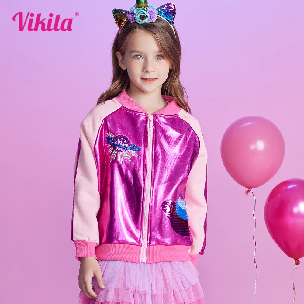 VIKITA Girls Zipper Jacket Children Cosmos Sequined Jacket Toddlers Fashion Sports Casual Costumes Infant Kids Pink Sportswear