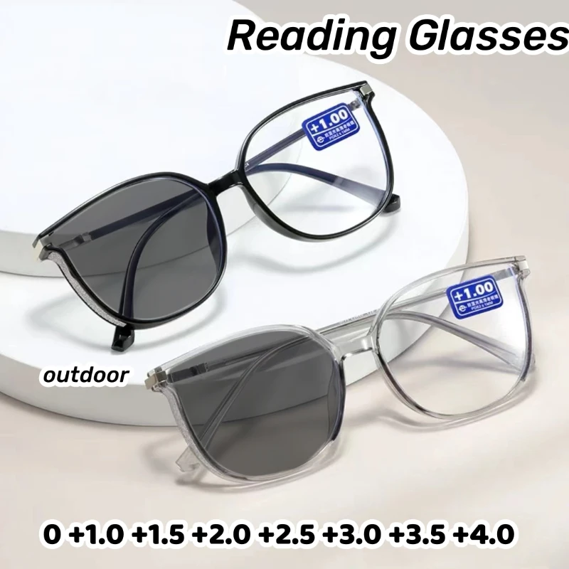 

Fashion Large Frame Color Changing Presbyopia Eyeglasses Photochromic Anti Blue Light Reading Glasses Luxury Far Sight Glasses