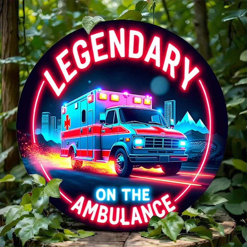 1pc Neon Ambulance Metal Tin Sign, Contemporary Country-Rustic Style Aluminum Wall Art, Frameless Indoor Emergency Vehicle Decor