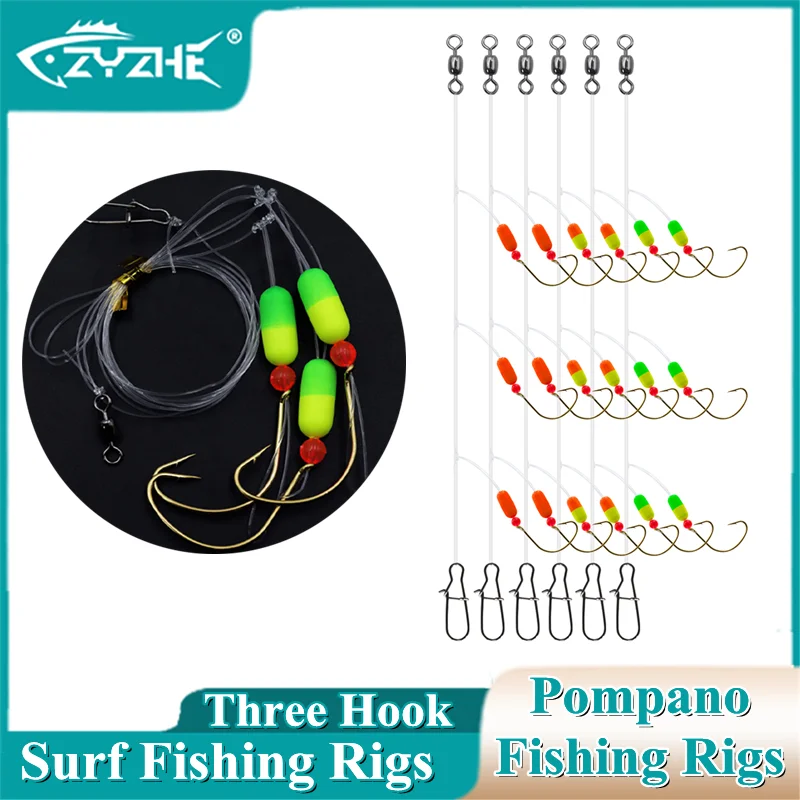 ZYZHE 1/3 Taschen Salzwasser-Pompano-Rigs Surf-Angelrigs mit 1/0 Circle Drop Shot Haken Drei-Haken-System Offshore-Angelausrüstung