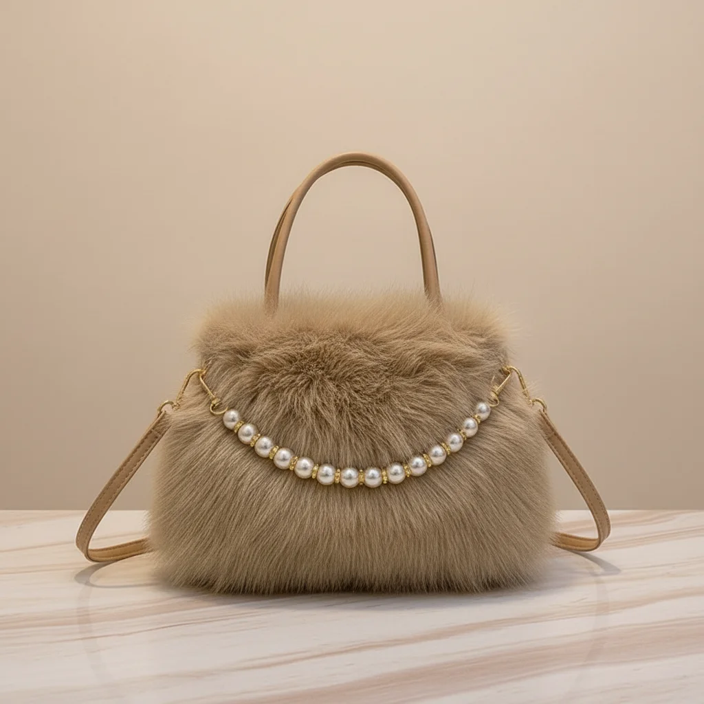 Women's Faux Fur Beaded Handbag Small Square Design Versatile Commuter Crossbody Bag
