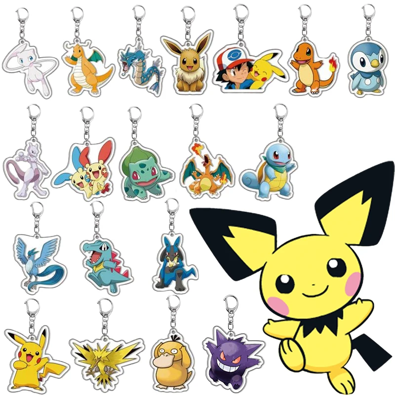 Porte-clés Pokémon Pikachu, figurines d\'action Anime, Charizard, Gengar, Eevee, Mewtwo, porte-clés acrylique double face, jouets pendentif, cadeaux