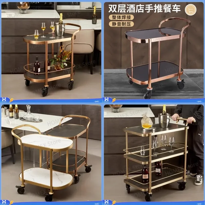 Large 2 Tier Serving Cart with Wheels Metal Utility Trolley for Hotel Restaurant Kitchen Storage Shelf Movable Wine Tea Cake