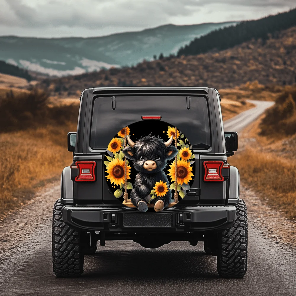 Cute Black Cow On A Sunflower Swing Pattern | 30/34 Inch Multi-Functional Tire Cover, Suitable For Jeeps, Trailers, RVs, Off-Roa