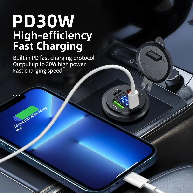 Car Charger Socket Dual Type-C & Dual USB 4Ports Fast Charging Socket Waterproof With Voltmeter 12V/24V For Car Boat Motorcycle