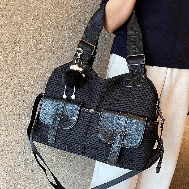 Casual Purses and Handbags for Women Business Mesh with Cowhide Messenger Bag Hollow Out Sac Tote Bolsa Feminina