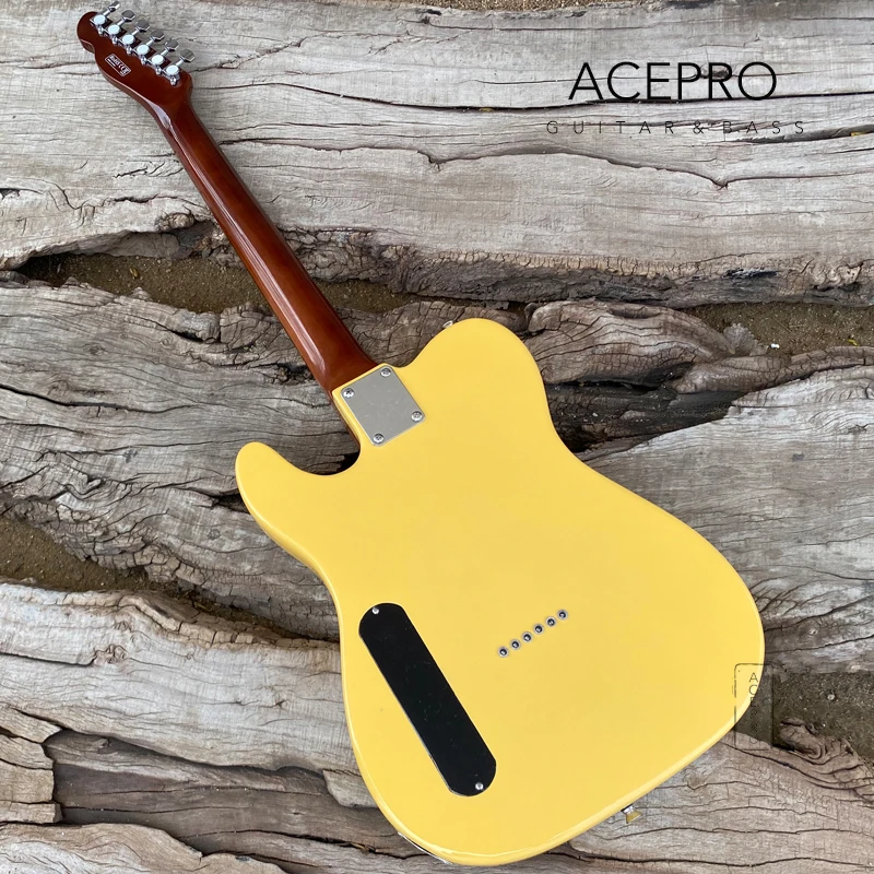 Acepro Cream Yellow Color Electric Guitar, P90 Pickups, Roasted Maple Neck, Stainless Steel Frets, Abalone Dots Inlays, Guitarra