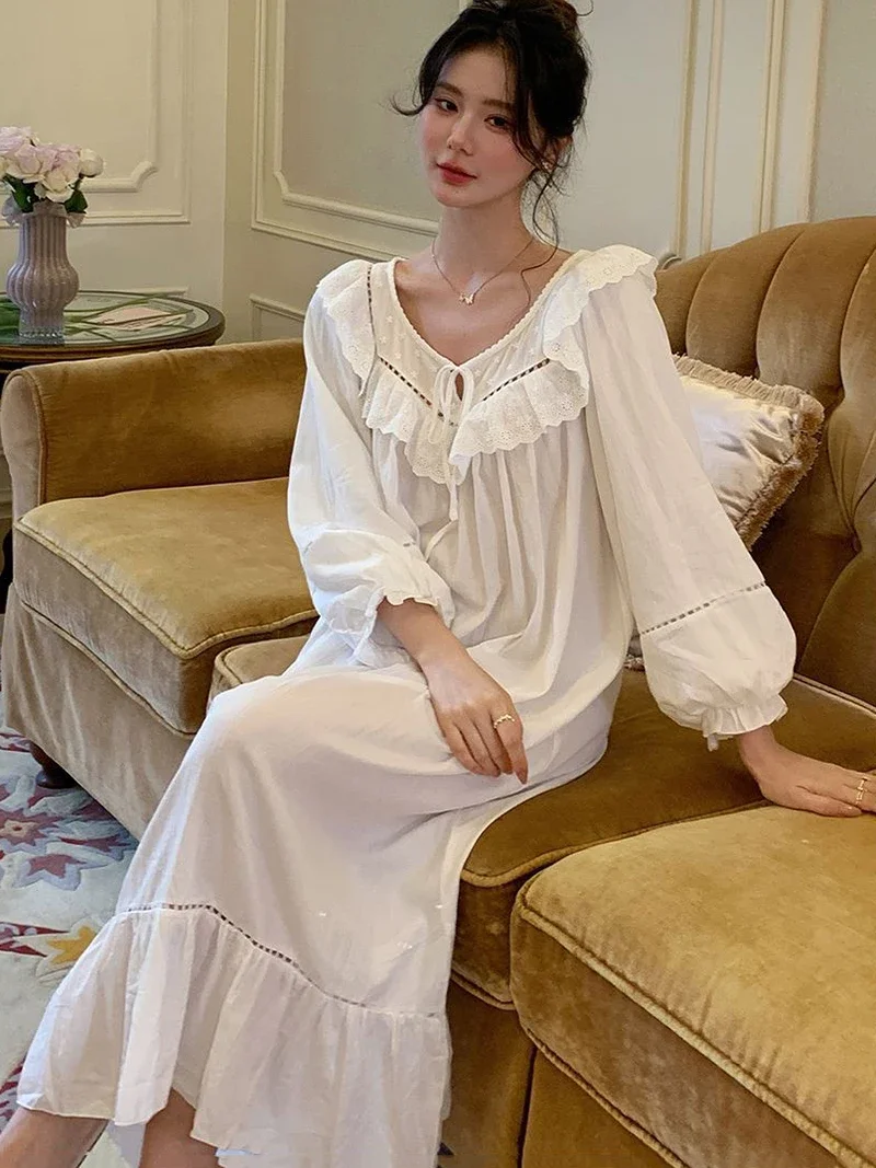 French Nightgown for Women Autumn Princess Cotton Sleepwear Long Sleeve Loose Home Clothes Victorian Nightdress Loungewear