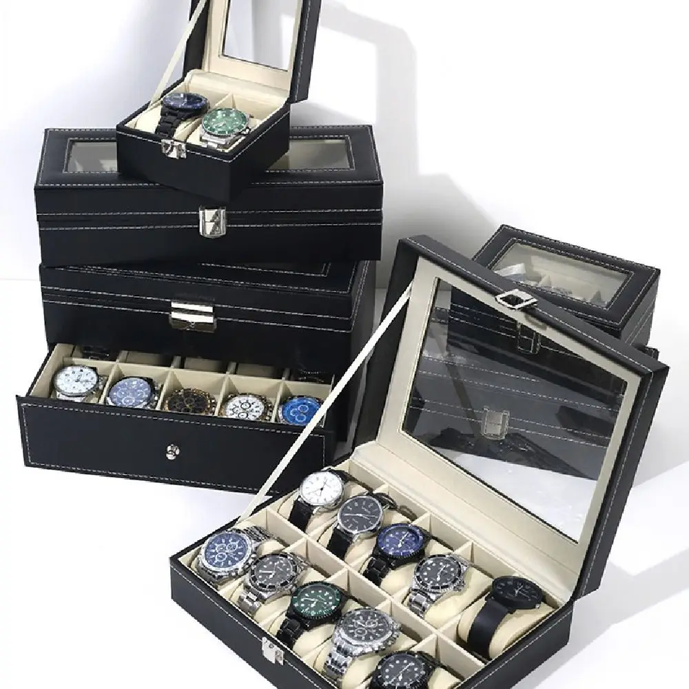Lockable Watch Storage Box Removable Watch Pillows 2/3/6/10/12 Grids Watch Display Box Leather with Large Glass Lid