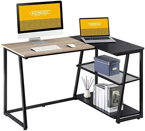 

L-Shaped Desk with Shelves, Corner Writing Table for Home Office, Set of 2, Oak and Black