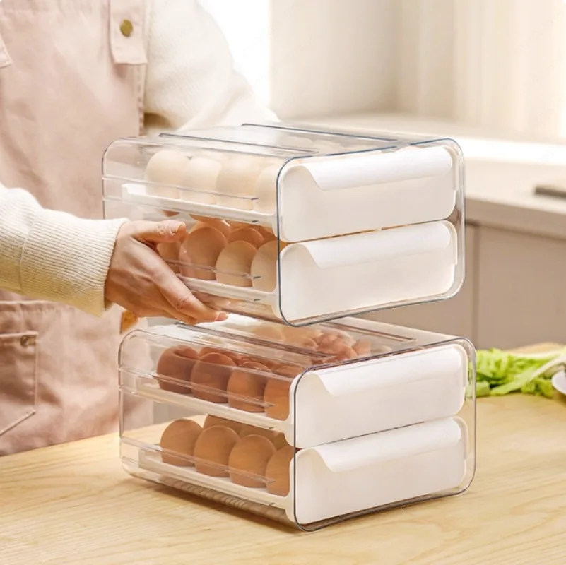 

Специальный двухслойный ящик для хранения пищевой подставки для яиц, держатель для холодильника, вмещает 32 яиц.