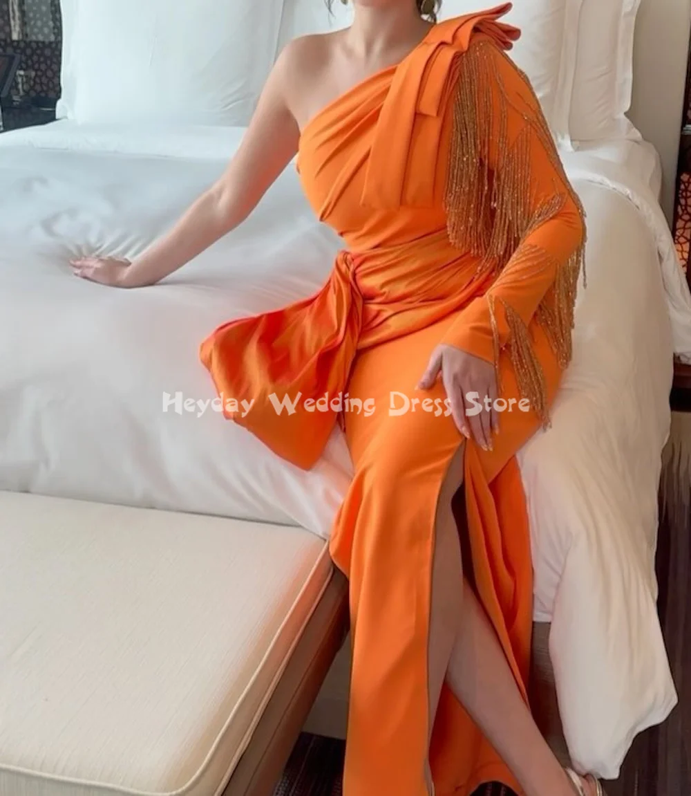 Heyday فساتين سهرة نسائية كريب بكتف واحد وغمد بطول الكاحل وأكمام طويلة مع شرابة مطرزة فساتين أنيقة 2025