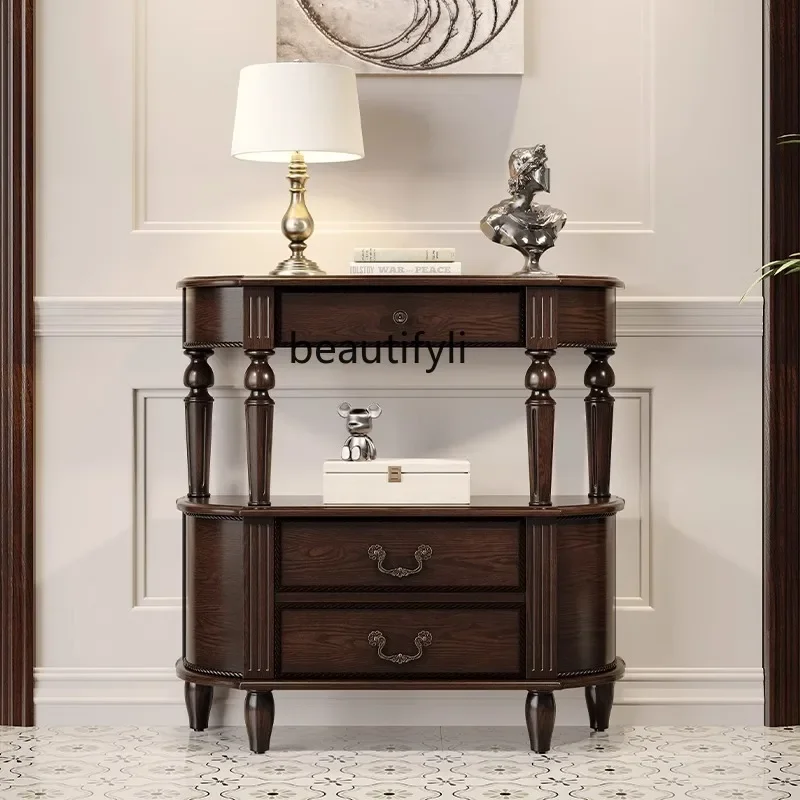 

yh American solid wood entrance table, semi-round European-style foyer, black walnut storage cabinet