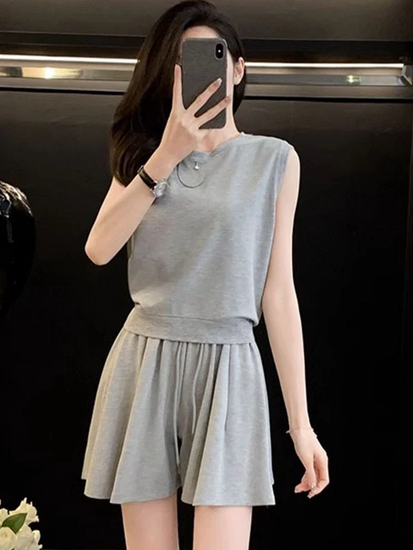 

Спортивный комплект Salt Series: женский летний модный новый серый топ без рукавов и шорты с высокой талией, комплект из двух предметов, хлопок, круглый вырез