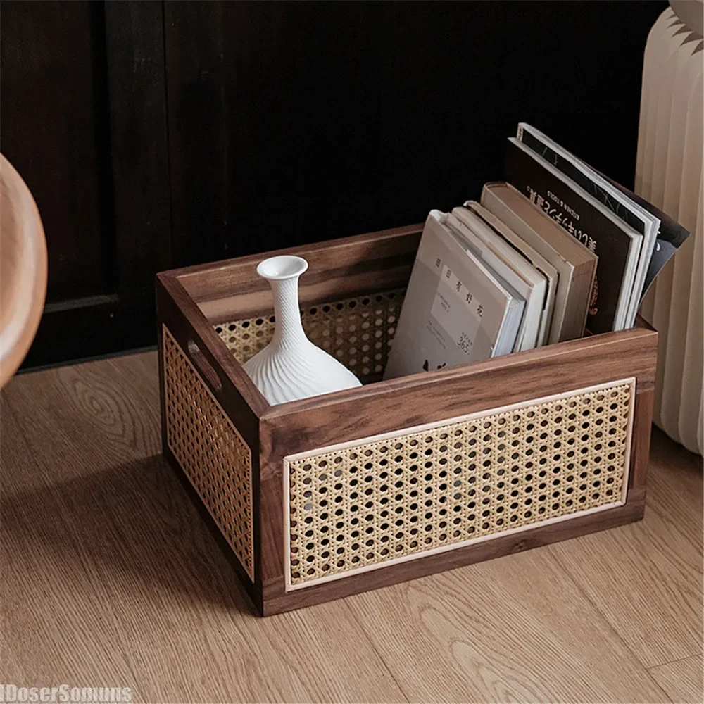 Woven Deluxe Desktop Solid Wood Storage Box Vintage Walnut Rattan Basket Books Snacks Cosmetic Flatware Organizer