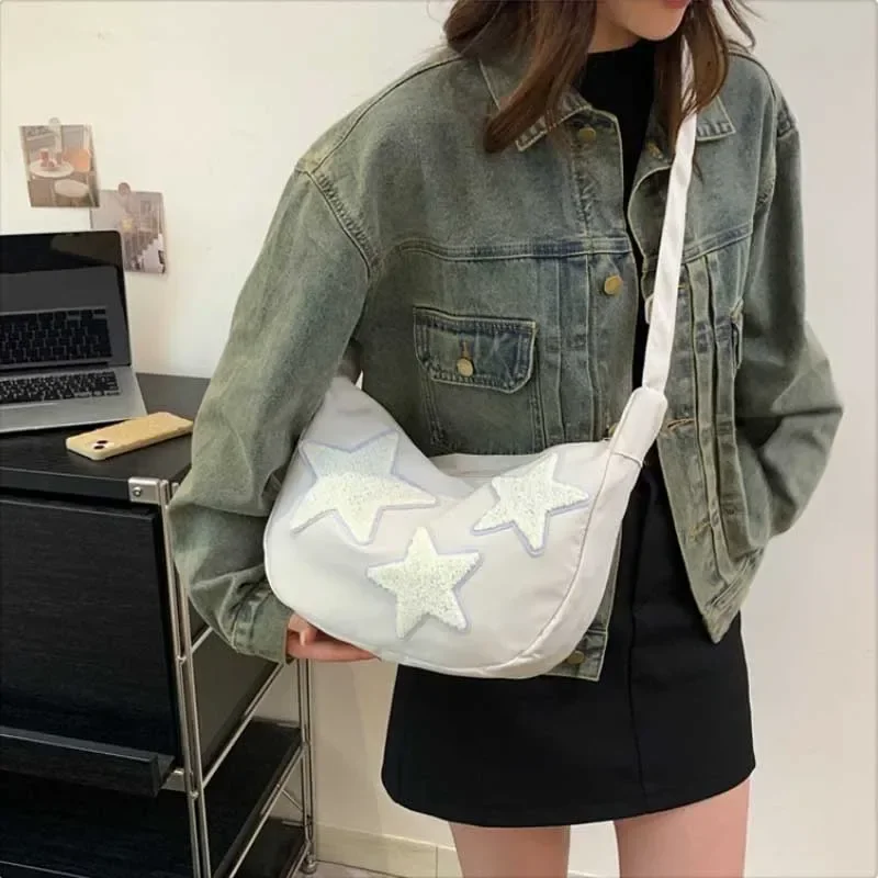 Women Canvas Messenger Shoulder Bag Crossbody Sling Bag Y2k Hobo Bag Pentagram Zipper Satchel Tote Bags Student BookBag Handbag