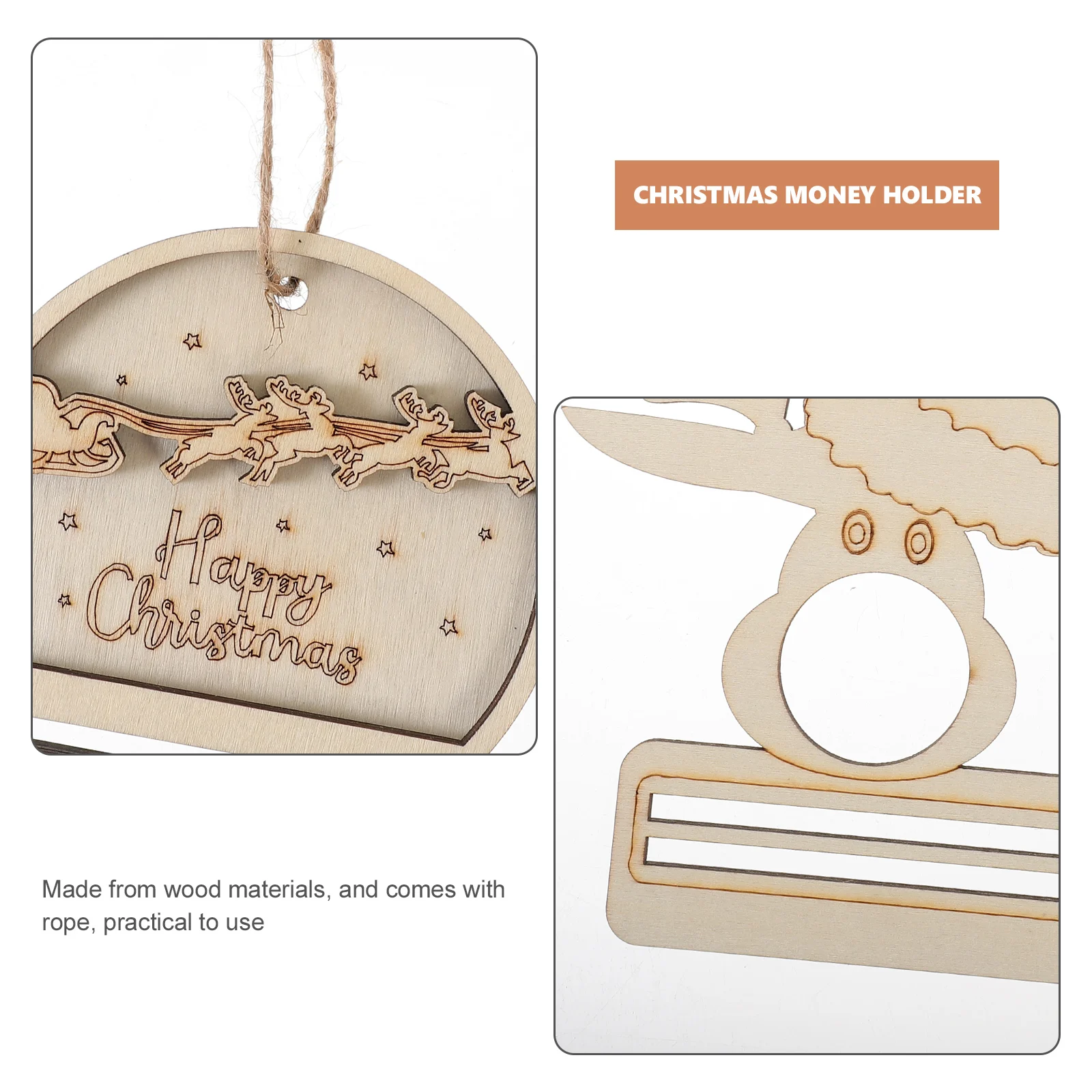 

6Pcs Wood Christmas Hanging Ornaments Unique Money Holder Xmas Tree Cash Gift Holder Wood Xmas Decor Christmas Money Gift Hanger