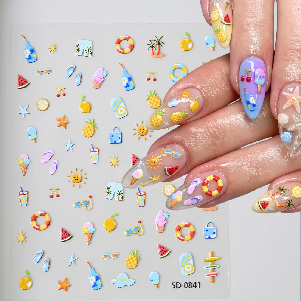 1Pcs 5D Embossed Summer Holiday Beach Nail Sticker Cute Swimming Ring Starfish Lemon Ice Cream Sunglasses Nail Decals DIY Decora