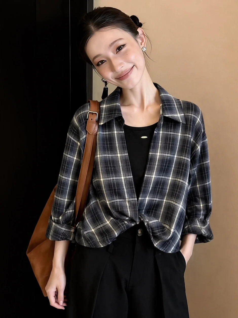 

Hong Kong Style Retro Plaid Shirt And Vest Set Women's Autumn Lazy Fashion Two-Piece Set Casual Loose Fit Checkered Pattern