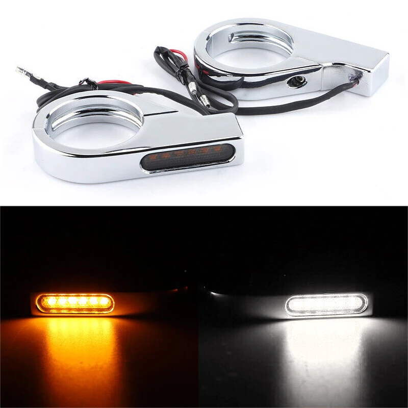 

X-T Новинка, 1 пара, хромированный универсальный зажим для передней вилки мотоцикла, светодиодный указатель поворота, индикаторная лампа, янтарно-белый DRL 39-41 мм, 12 В