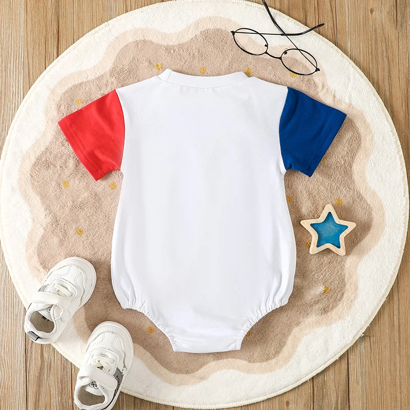Independence Day Summer Baby Romper, Short Sleeve Color-Block Letter Print Onesie, Infant & Toddler Apparel