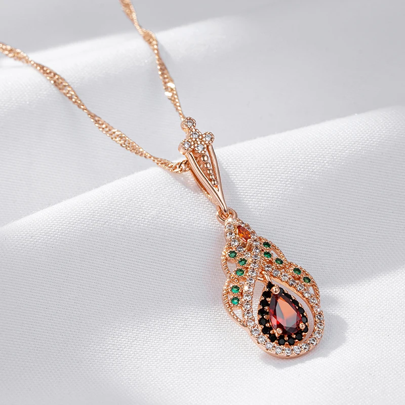 Kinel 2023 New 585 Rose Gold Color Crystal Flower Pendant Necklace for Women Red Natural Zircon Accessories Vintage Jewelry