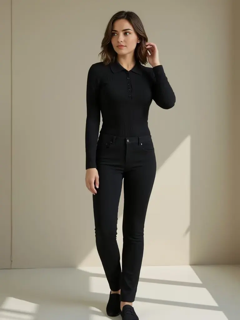 Women Turn-down Collar Buttons Bodysuit Rib Knitted Elastic Slim Tops Jumpsuit
