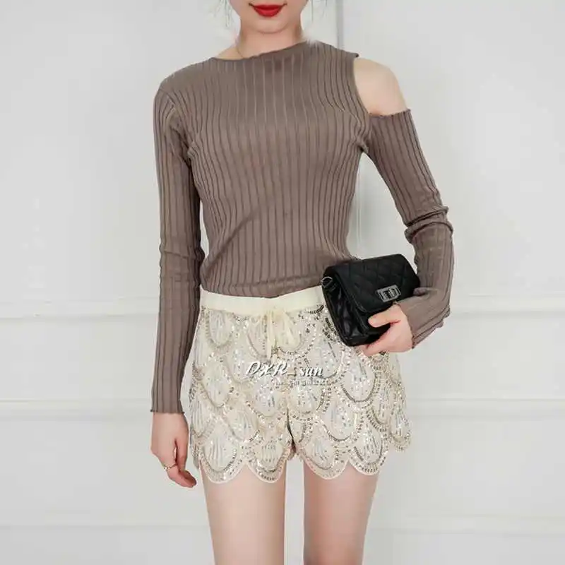 

2023 Spring sequin Shorts Elastic waist lace up beaded Chiffon Hot pants Scallop wavy edge beach casual wide leg pants