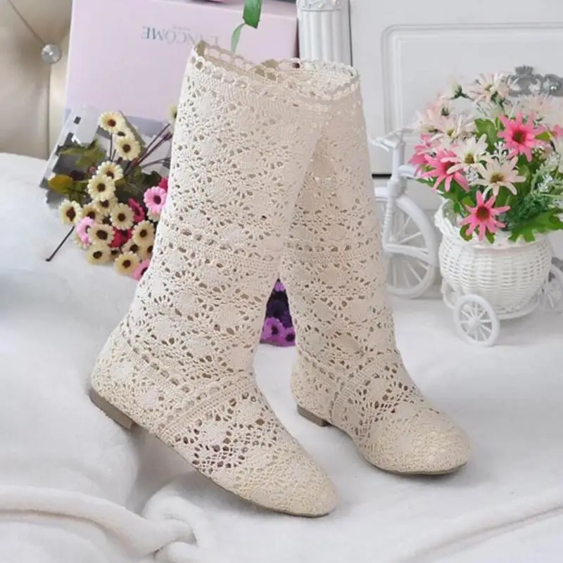 Hollow Womens Boots Breathable Knitted Net Boots High Tube Flat Single Boots Summer Sandals Lace Shoes Knee-length Women's Shoes