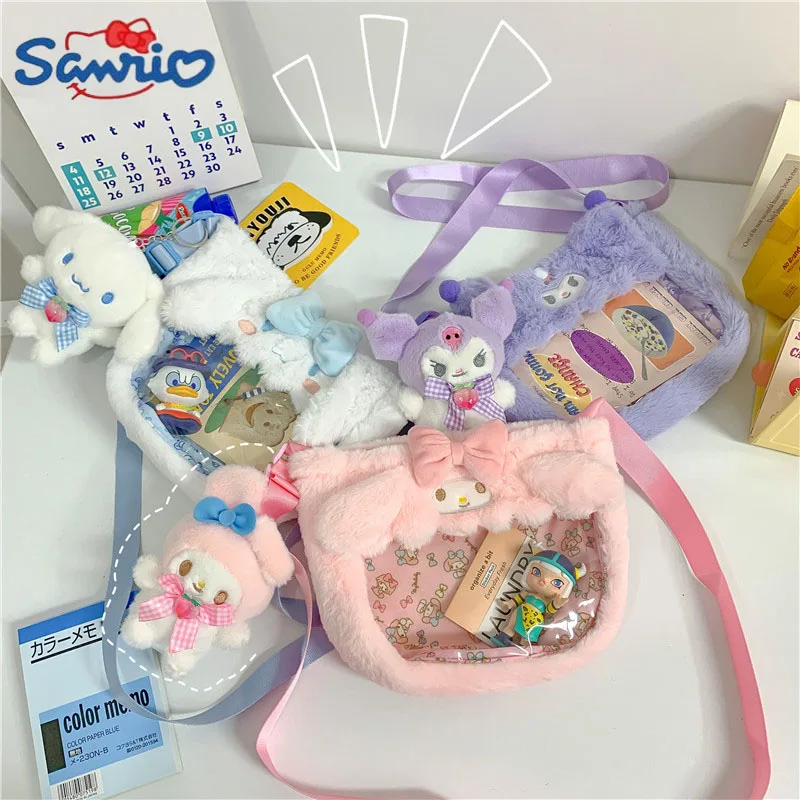 Sanrio Bag Anime My Melody Kuromi Plush Backpack Cute Cinnamoroll Backpacks Doll Pendant Children Kawaii Messenger Bags Girls