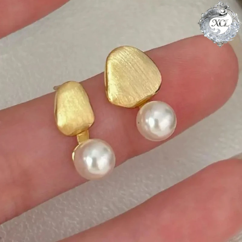 xcl-s925-sterling-silver-asymmetric-brushed-imitation-pearl-post-earrings-for-women-jewelry-elegant-daily-accessories-wholes