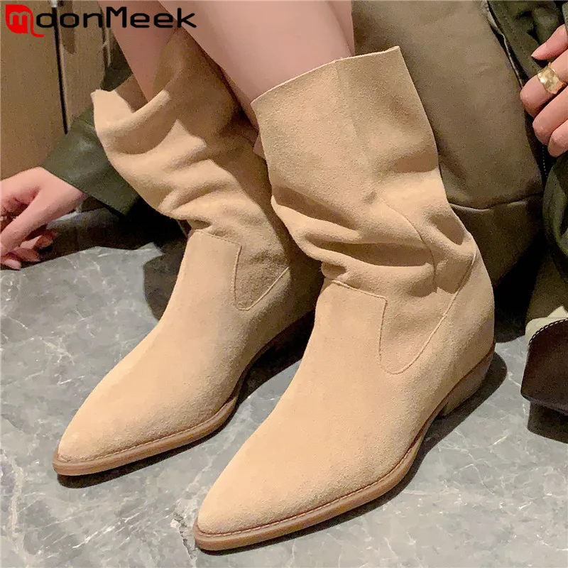 

MoonMeek 2023 New Cow Suede Leather Western Boots Top Sale Ladies Mid Calf Boots Square Low Heels Winter Boots