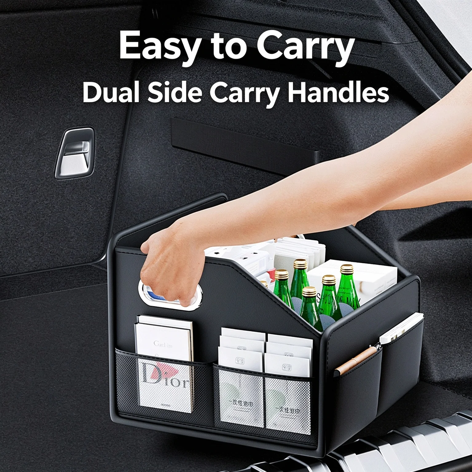 HTMCK PU Leather Folding Car Trunk Organizer, Collapsible Cargo Storage Box for SUV MPV Auto Seat Back