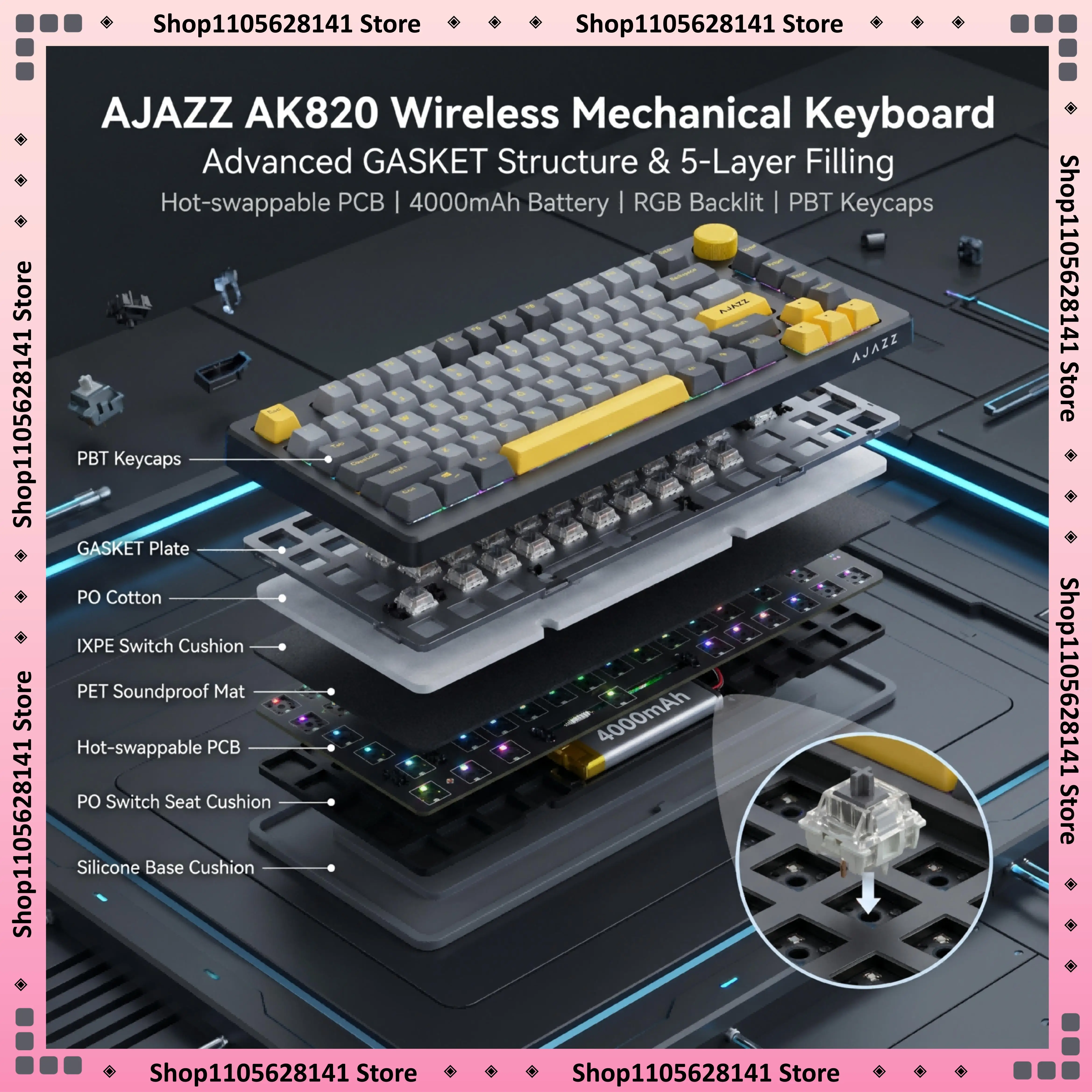 AJAZZ AK820 Tri-Mode Custom Mechanical Keyboard GASKET Structure Full Key Hot Swap 3/5Pin Compatible N-Key Rollover Slotted