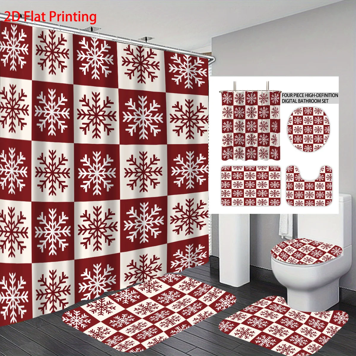 Christmas Polyester Shower Curtain, Waterproof Quick Drying, Fade Mold Resistant, Washable Bathroom Decor Curtain with 12 Hooks
