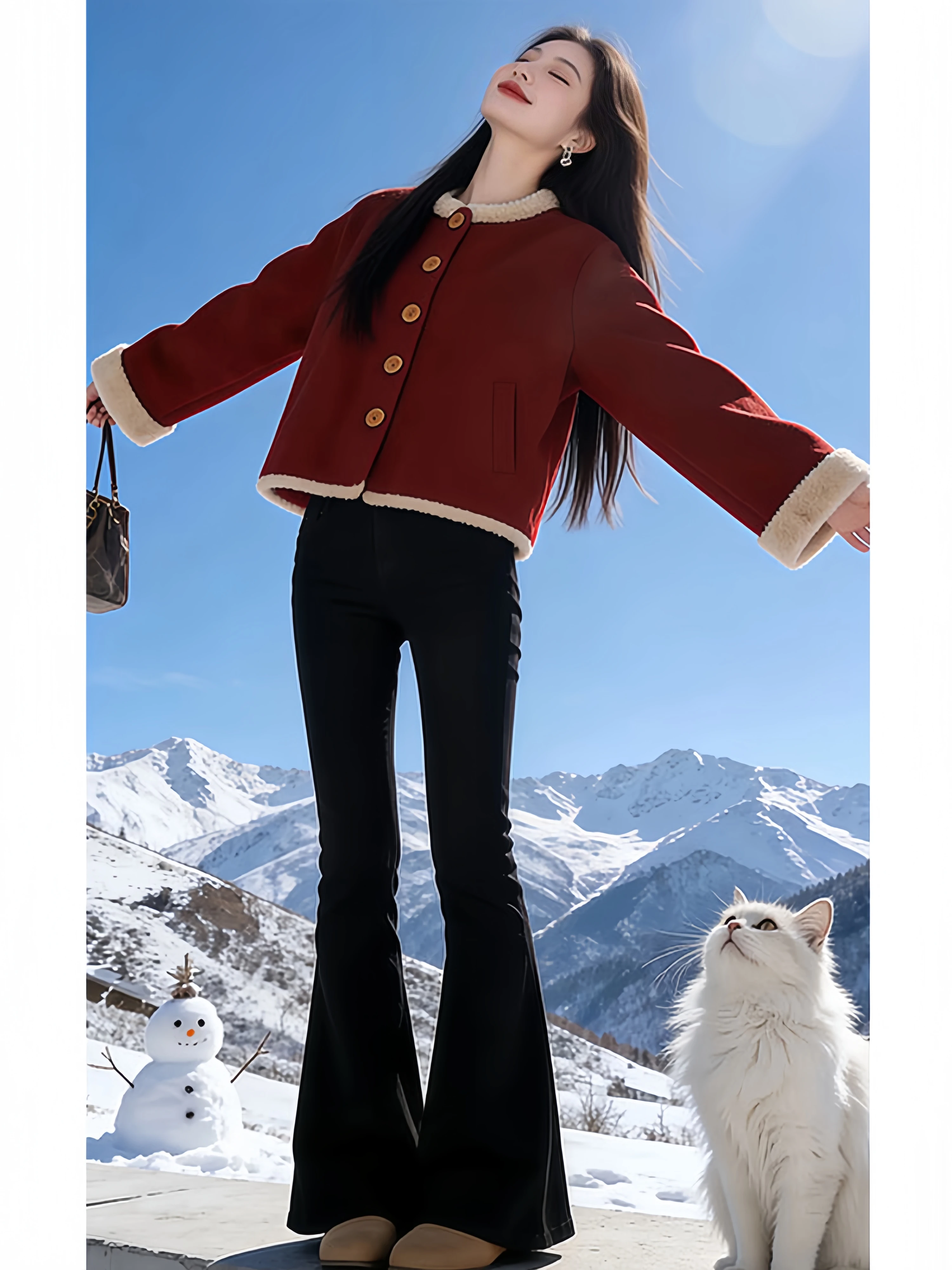 Red Double-Sided Woolen Coat Women's Short Style Unique Beautiful Outerwear Cleanfit Loose Fit Long Sleeve round Neck Button ...