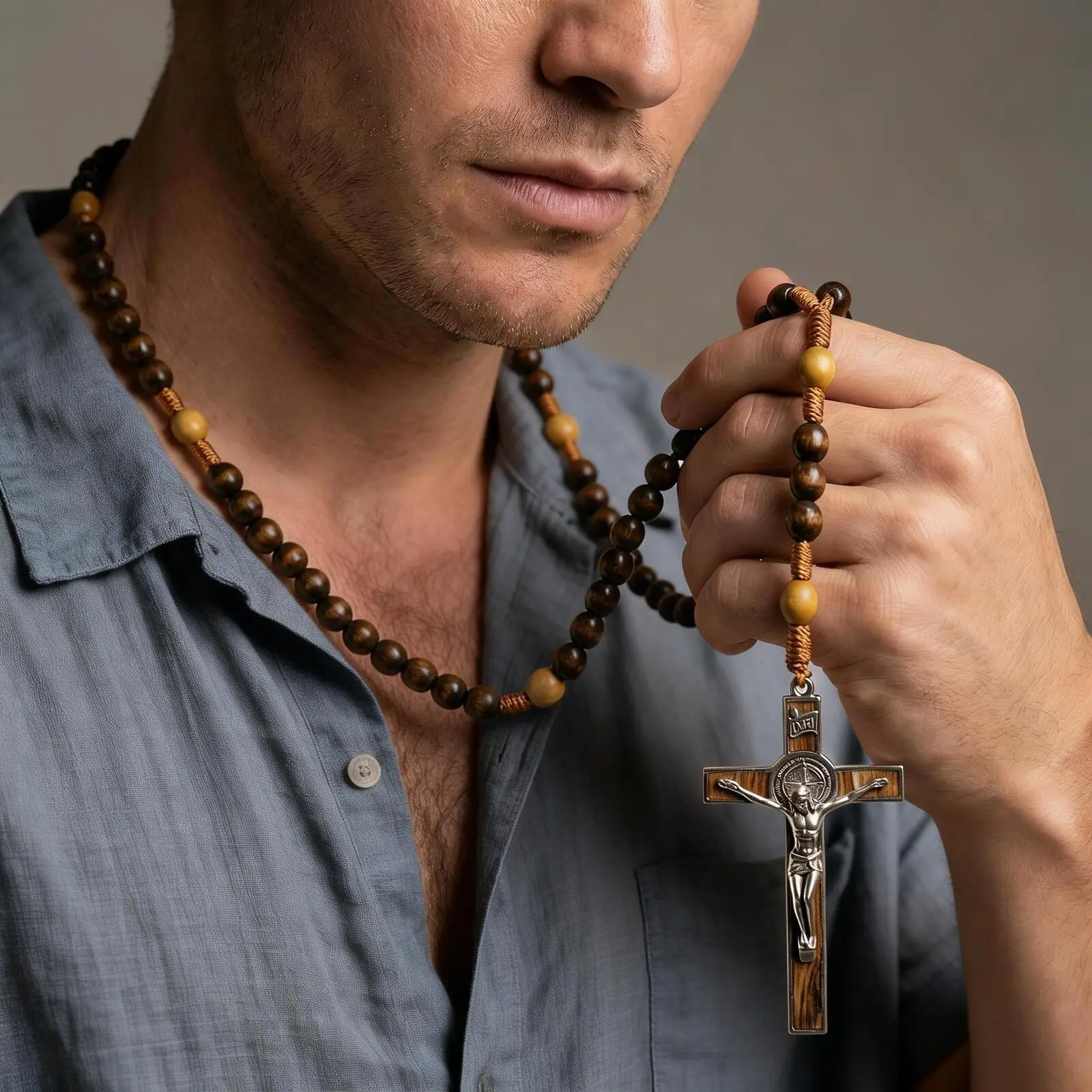 Crucifix Wooden Beaded Necklace for Men,Brown Color Y-shaped Rosary Necklace,Faith Prayer Jewelry Gift