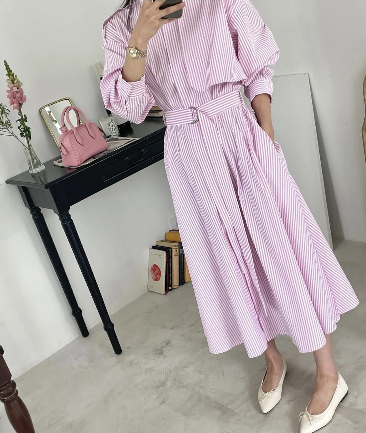 Korean New Spring Summer Women Long Striped Shirt Dress With Belt Three Quarter Stand COllar Slim A Line Office Casual Dresses