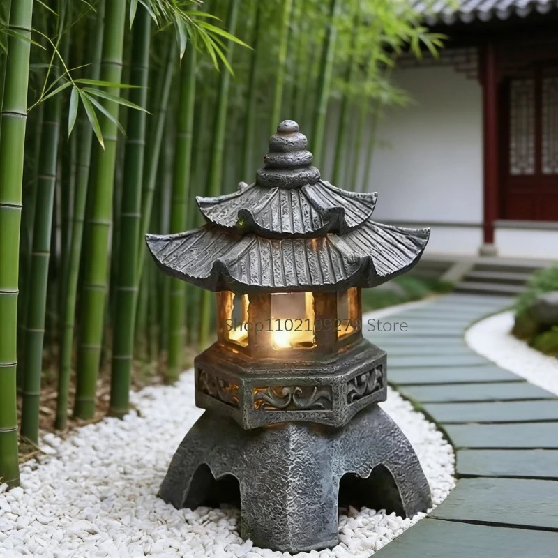 Lámpara Solar Decorativa de Jardín Estilo Zen, Estatua de Pagoda, Farol de Piedra Chino, Lámpara de Palacio, Adorno Solar para Patio