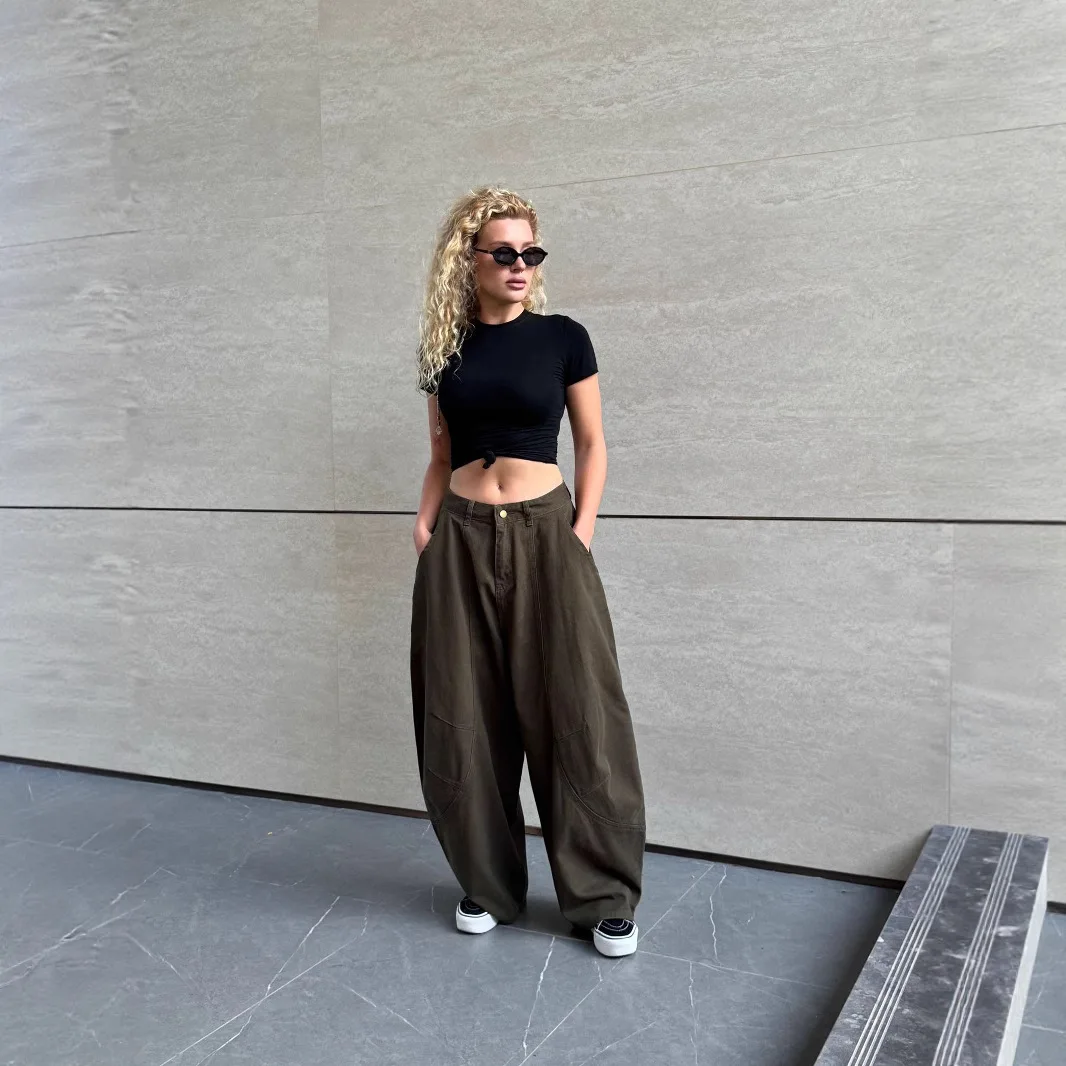 European American Vintage Women Army Green Solid Color Loose Fit Simple Basic Casual Daily Trendy Floor Length Denim Trousers