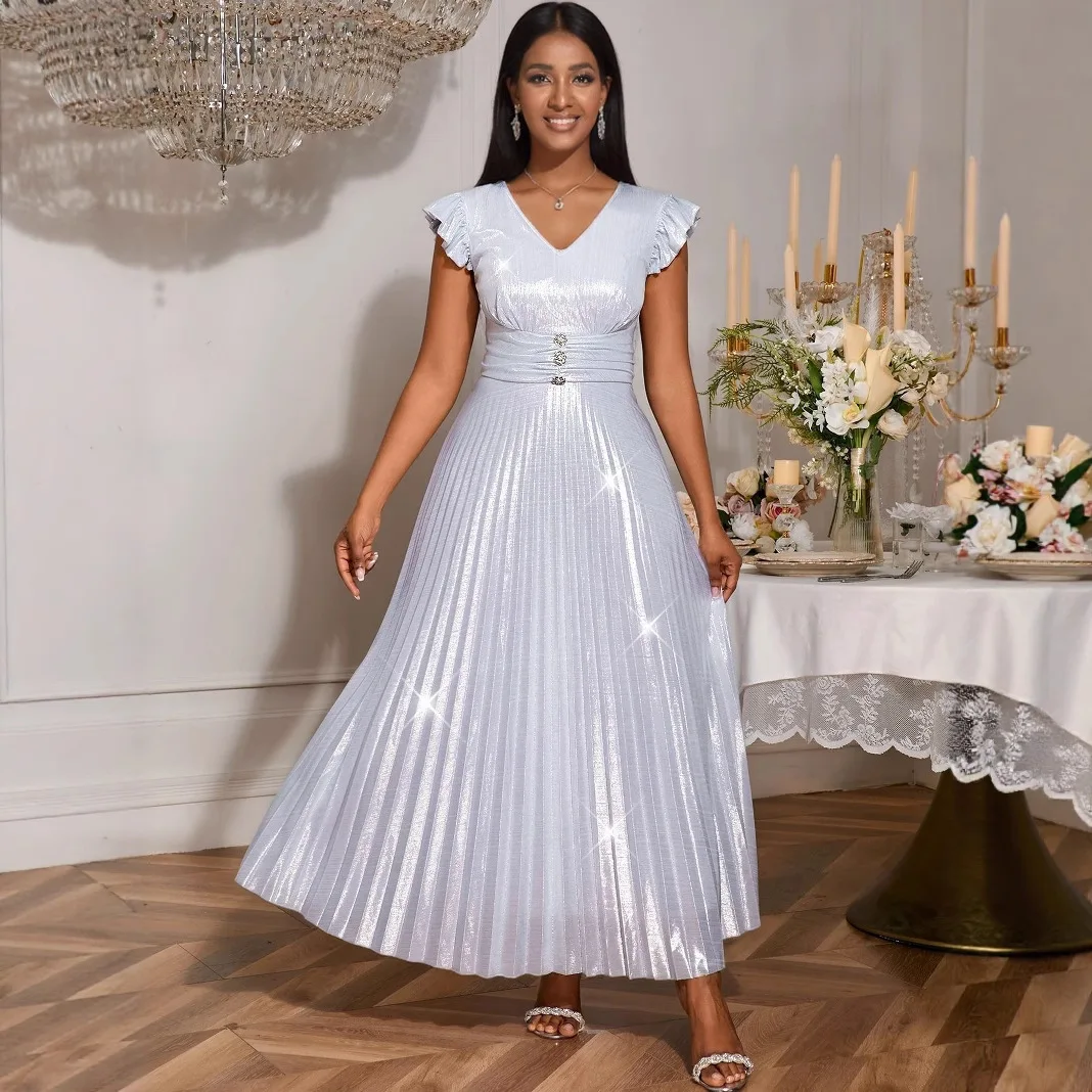 

Новинка 2023 года, серебряное платье подружки невесты с v-образным вырезом, плиссированное элегантное вечернее платье с высокой талией, банкетное вечернее платье, летнее платье, женское платье