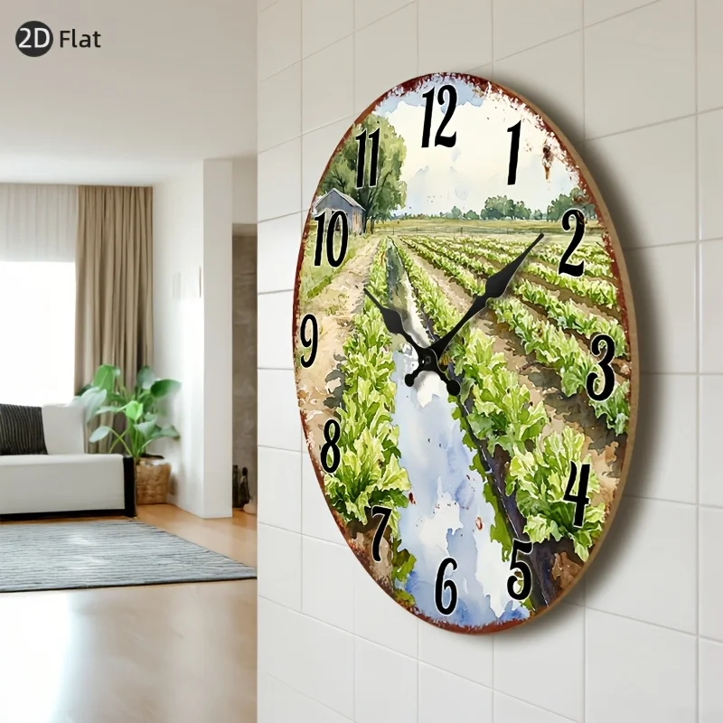1pc Silent Wall Clock Wooden, Circular Clock Glossy Lamination End Farmhouse Landscape with Lettuce Fields And Rustic Clock Design Design for Bedroom, Dining Room, Entryway, Lounge, Reading Corner 25.4cm 30.48cm 35.56cm 40.64cm